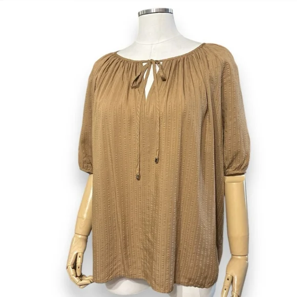 TOMMY HILFIGER  Fire Island Tie Neck Striped Blouse Tan88% Viscose - Picture 2 of 10